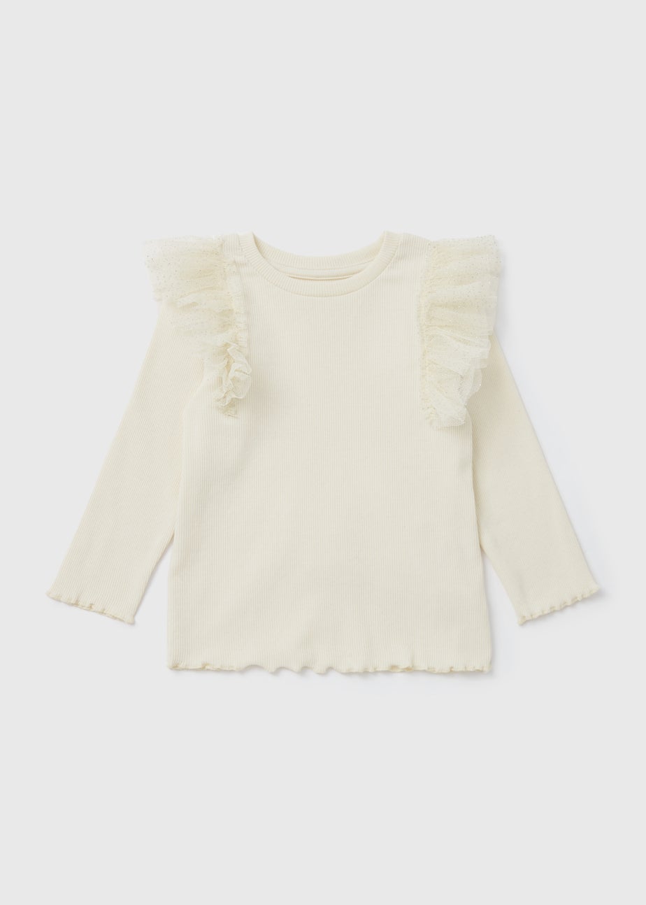 Girls Cream Shoulder Frill Ribbed Long Sleeve T-Shirt (9mths-6yrs)