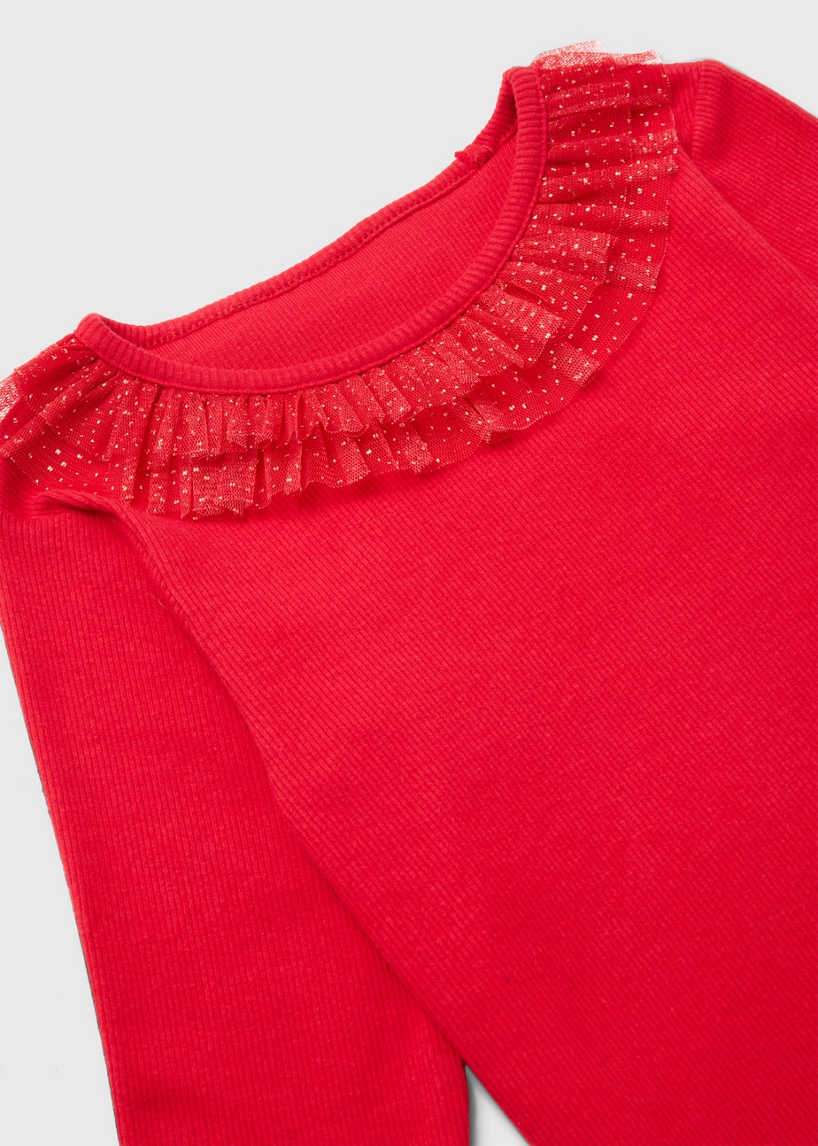 Girls Red Frill Neck Ribbed Top (9mths-6yrs)