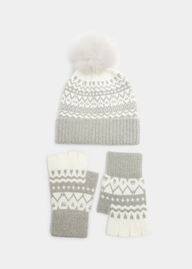 Grey & Cream Fair Isle Bobble Hat & Fingerless Gloves Set