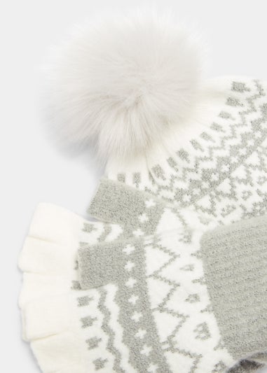 Grey & Cream Fair Isle Bobble Hat & Fingerless Gloves Set