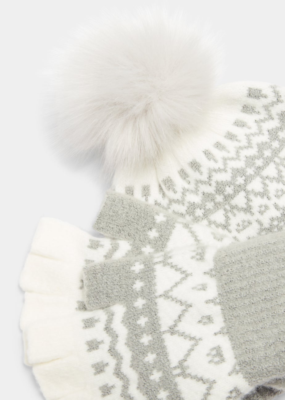 Grey & Cream Fair Isle Bobble Hat & Fingerless Gloves Set