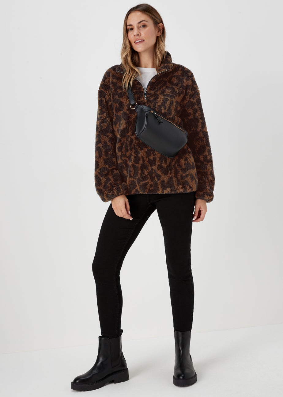 Brown Animal Print Half Zip Teddy Fleece