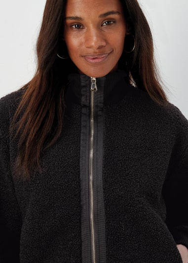 Black Zip Up Ribbed Borg Jacket