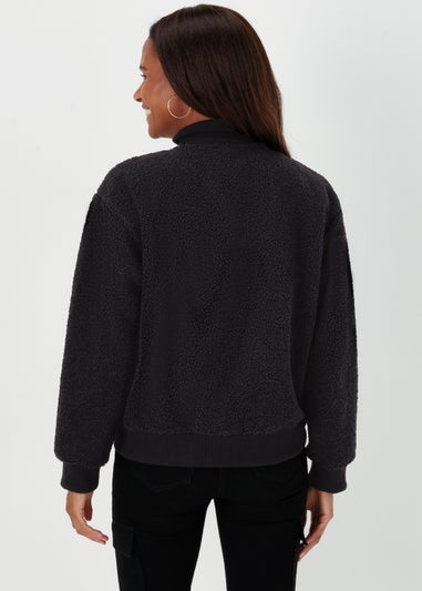 Black Zip Up Ribbed Borg Jacket