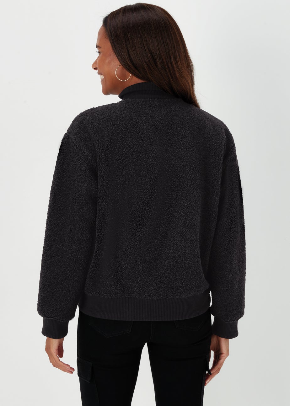 Black Zip Up Ribbed Borg Jacket