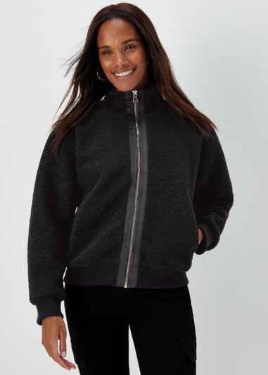 Black Zip Up Ribbed Borg Jacket