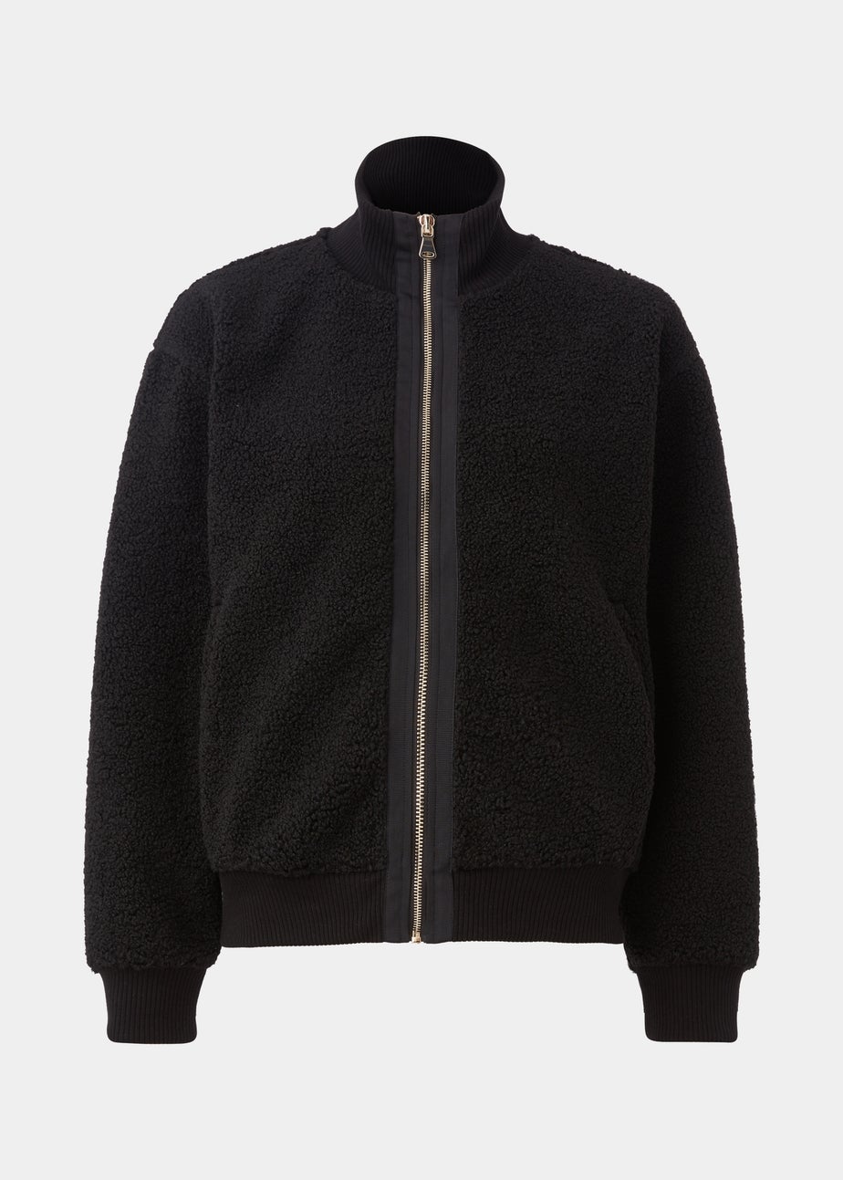 Black Zip Up Ribbed Borg Jacket