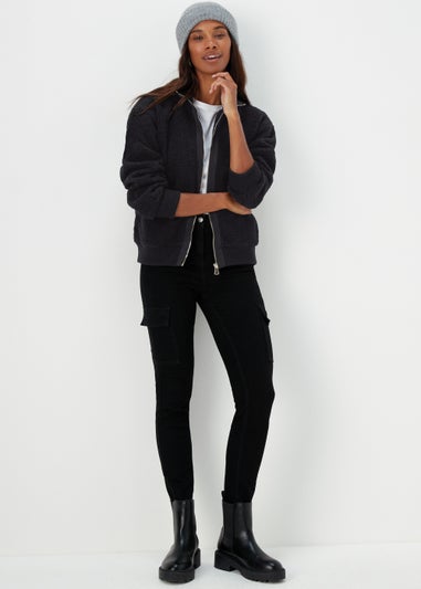 Black Zip Up Ribbed Borg Jacket