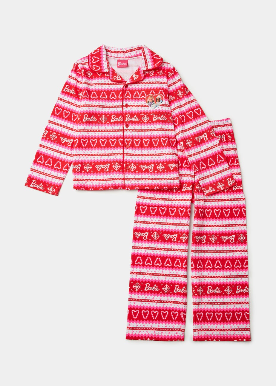 Girls Pink Barbie Christmas Button Up Pyjama Set (4-13yrs)