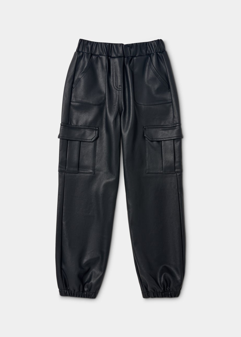 Girls Black PU Cargo Trousers (4-15yrs)