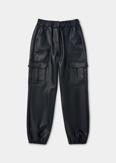 Girls Black PU Cargo Trousers (4-15yrs)