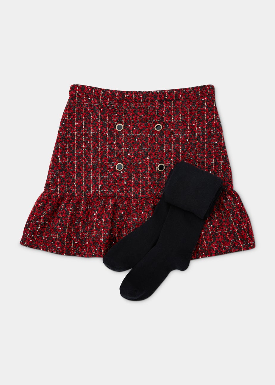 Girls Red Check Skirt & Tights Set (4-13yrs)