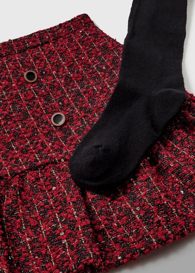 Girls Red Check Skirt & Tights Set (4-13yrs)