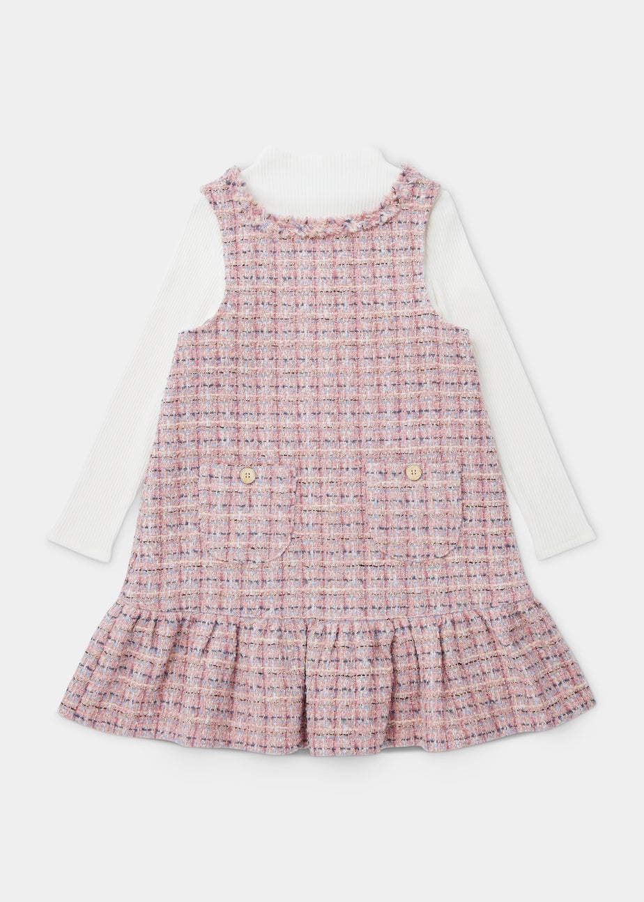 Girls Pink Boucle Pinafore & Cream Top Set (4-13yrs)