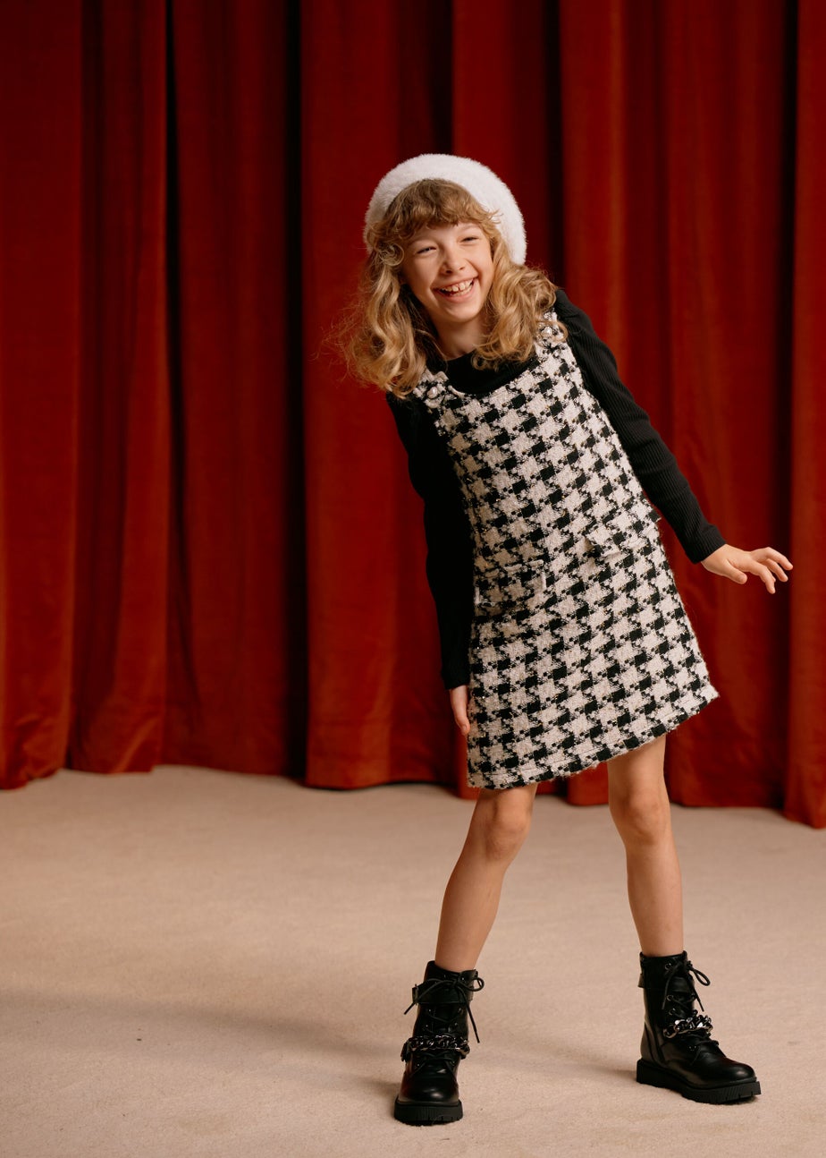 Girls Monochrome Check Boucle Pinafore & Top Set (4-13yrs)
