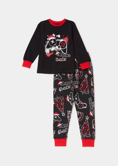 Kids Black Graffiti Pizza Pyjama Set (4-13yrs)