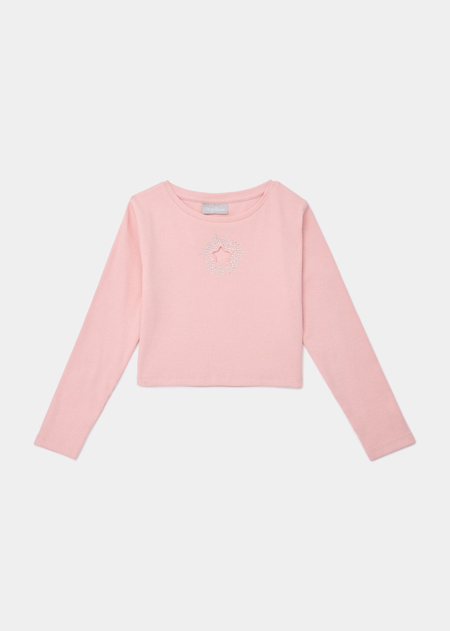 Girls Pink Ribbed Star Long Sleeve Top (4-13yrs)