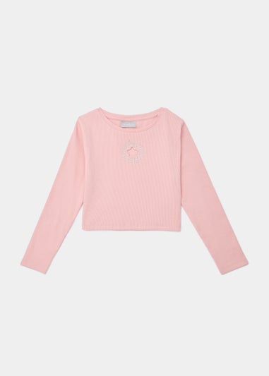 Girls Pink Ribbed Star Long Sleeve Top (4-13yrs)