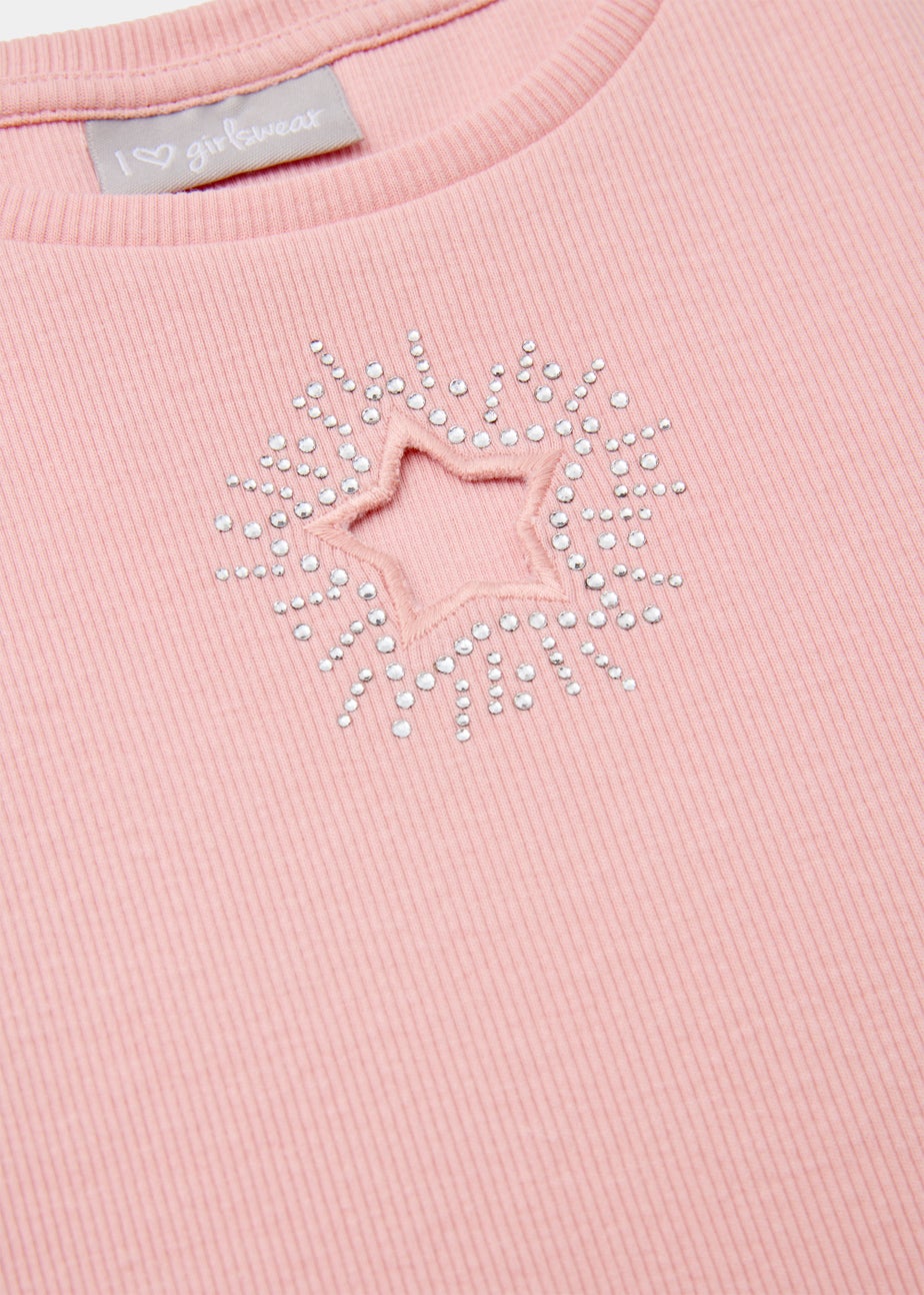 Girls Pink Ribbed Star Long Sleeve Top (4-13yrs)
