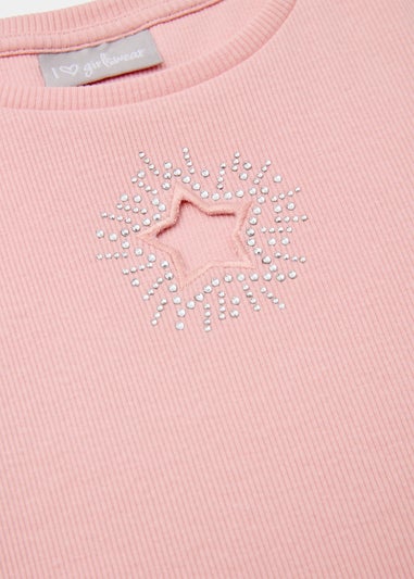 Girls Pink Ribbed Star Long Sleeve Top (4-13yrs)