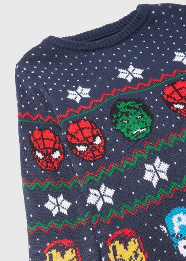 Kids Navy Mini Me Marvel Print Christmas Jumper (4-12yrs)