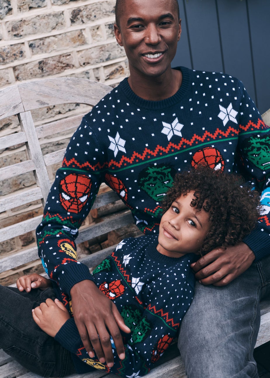 Kids Navy Mini Me Marvel Print Christmas Jumper (4-12yrs)