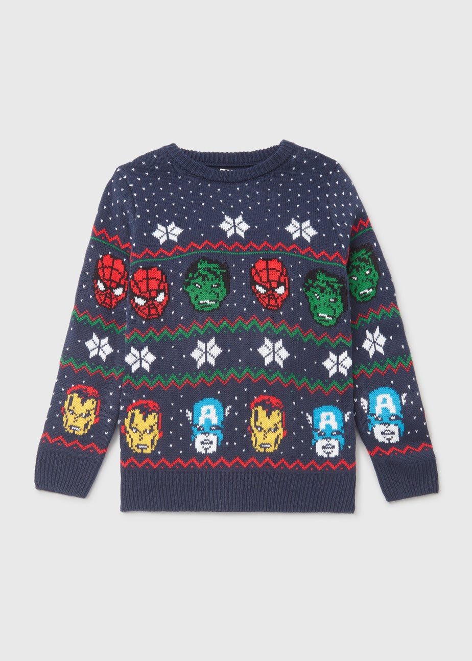 Kids Navy Mini Me Marvel Print Christmas Jumper (4-12yrs)