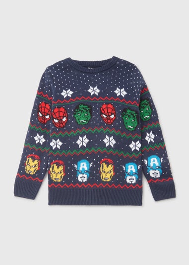 Kids Navy Mini Me Marvel Print Christmas Jumper (4-12yrs)