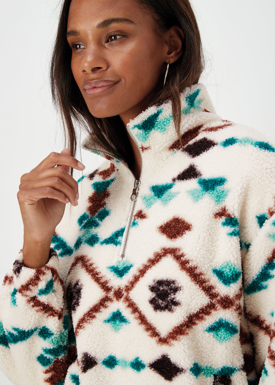 Cream Aztec Half Zip Borg Fleece