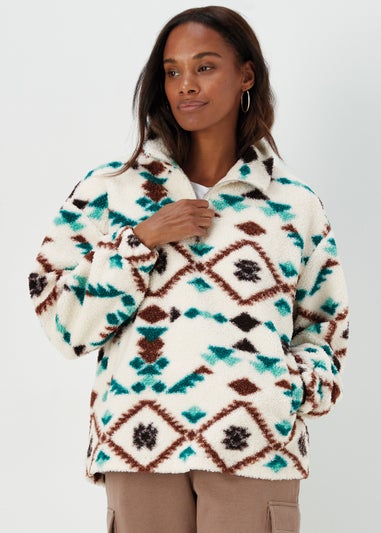 Cream Aztec Half Zip Borg Fleece