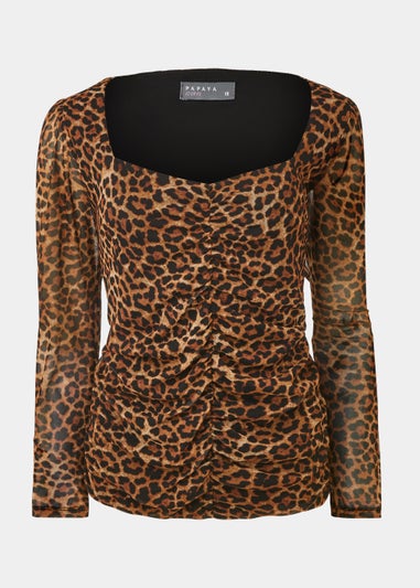 Papaya Curve Brown Leopard Print Long Sleeve Mesh Top