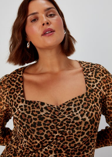 Papaya Curve Brown Leopard Print Long Sleeve Mesh Top