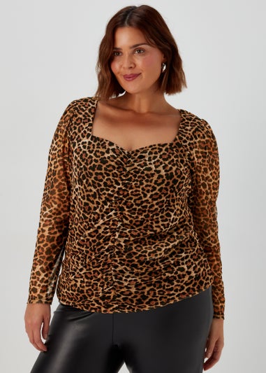 Papaya Curve Brown Leopard Print Long Sleeve Mesh Top