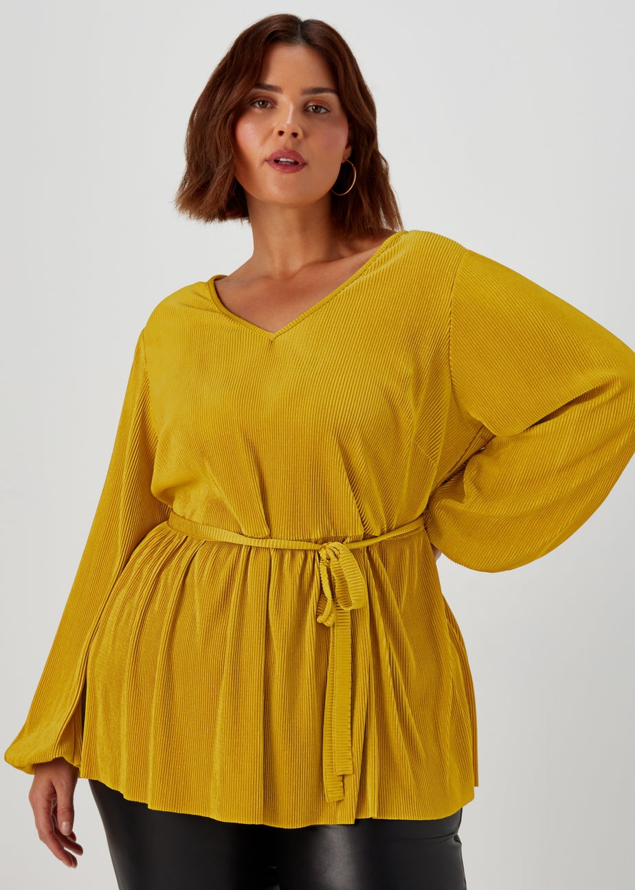 Papaya Curve Yellow Tie Waist Plisse Top