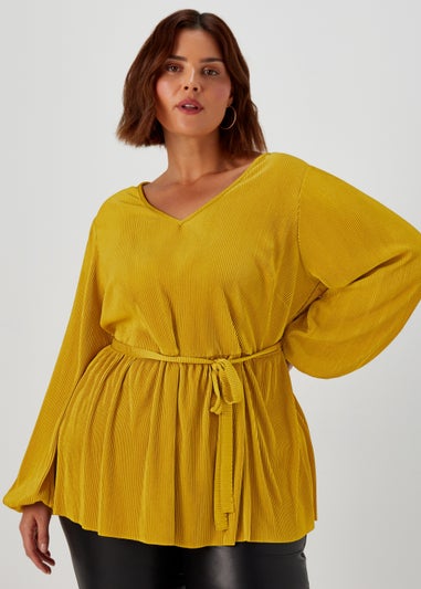 Papaya Curve Yellow Tie Waist Plisse Top