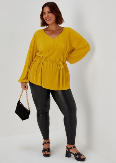 Papaya Curve Yellow Tie Waist Plisse Top
