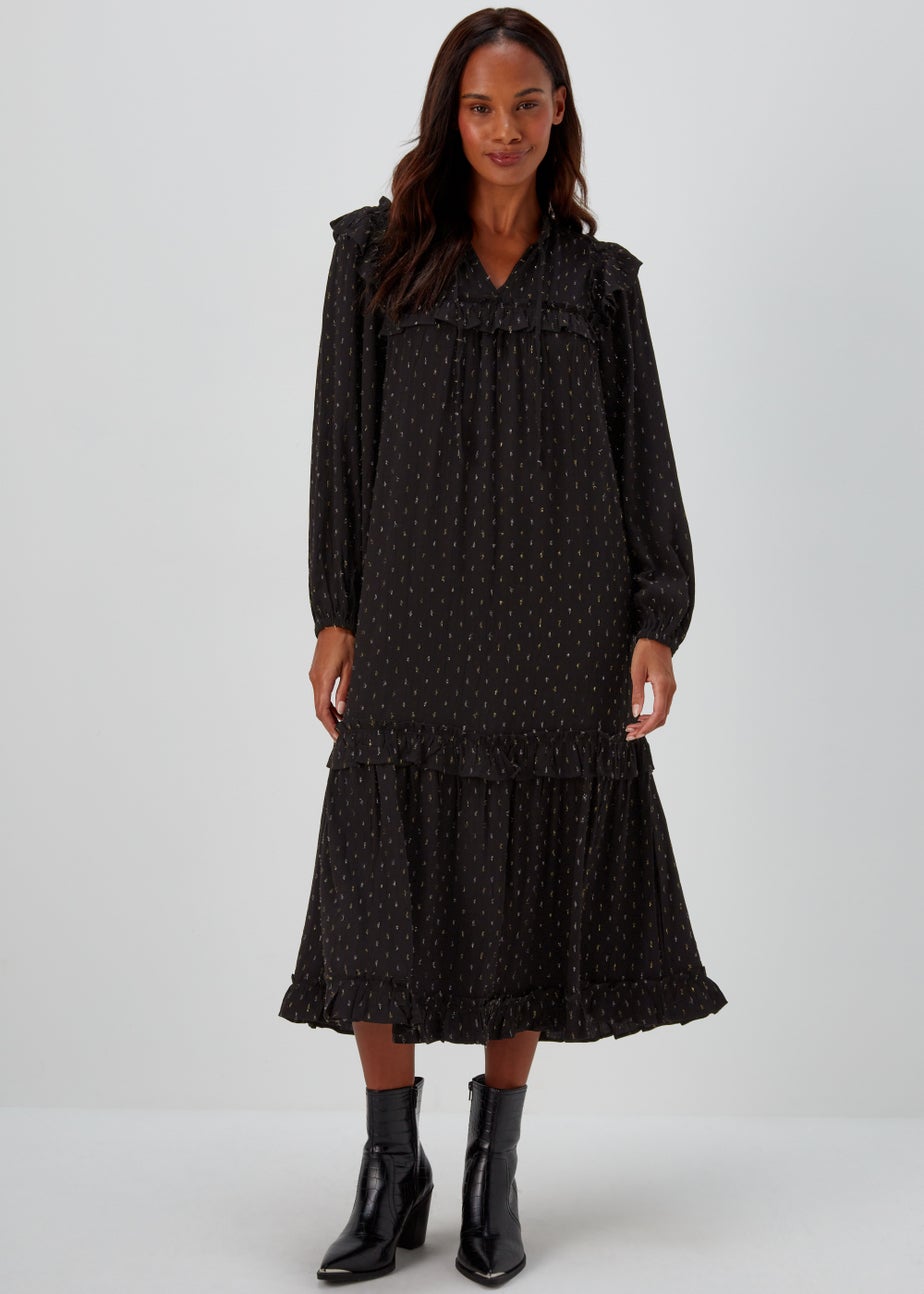 Black Metallic Dobby Midi Dress
