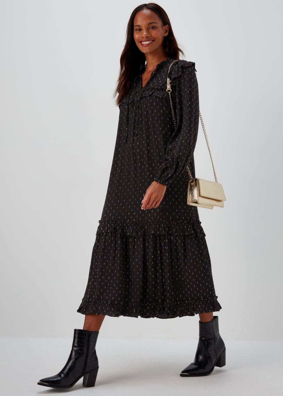 Black Metallic Dobby Midi Dress