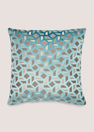 Duck Egg Cut Velvet Geo Cushion (43cm x 43cm)