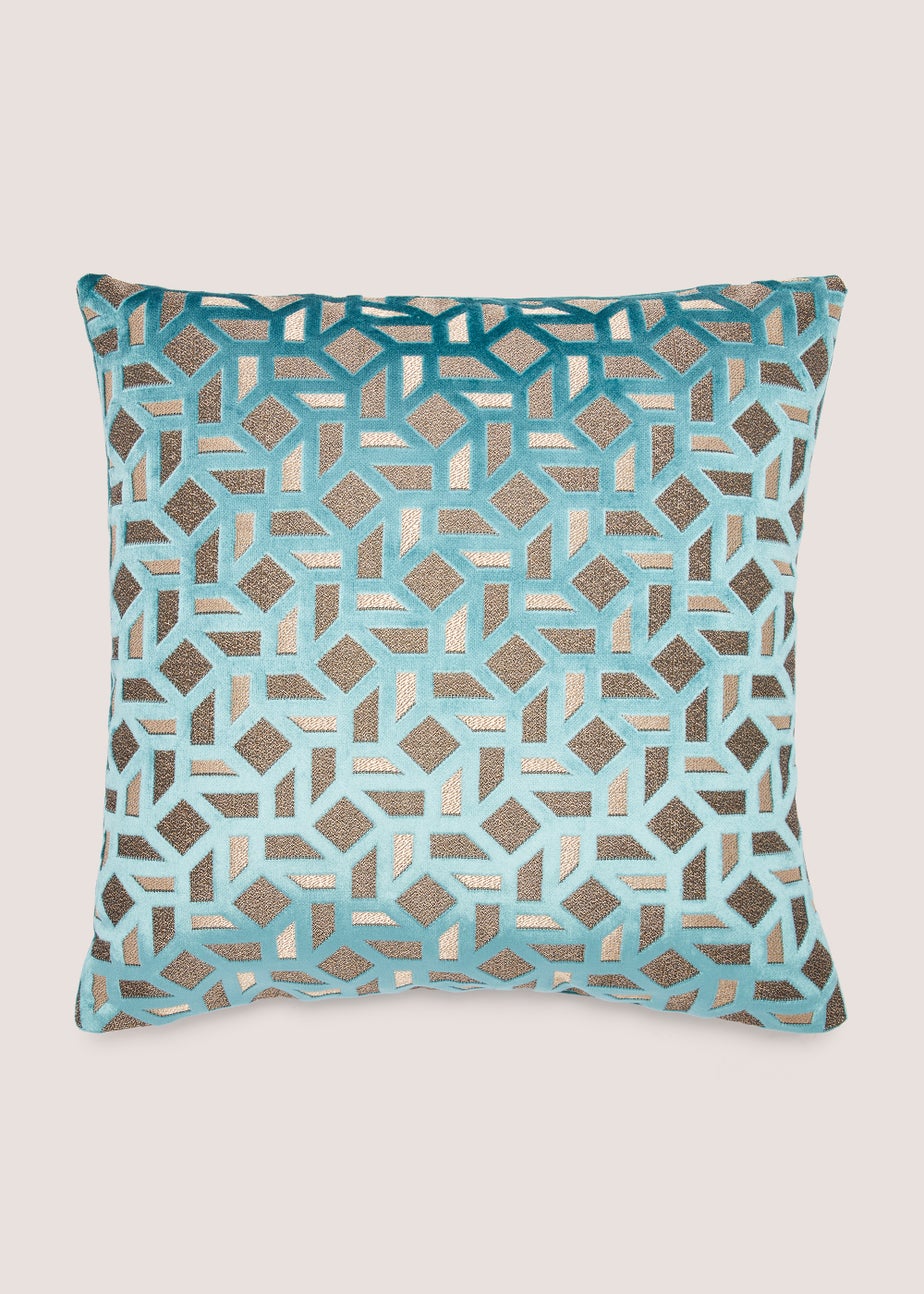 Duck Egg Cut Velvet Geo Cushion (43cm x 43cm)