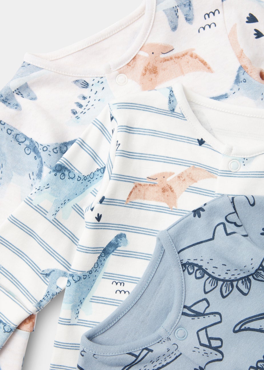 Baby 3 Pack Oatmeal & Blue Dinosaur Sleepsuits (Tiny Baby-18mths)