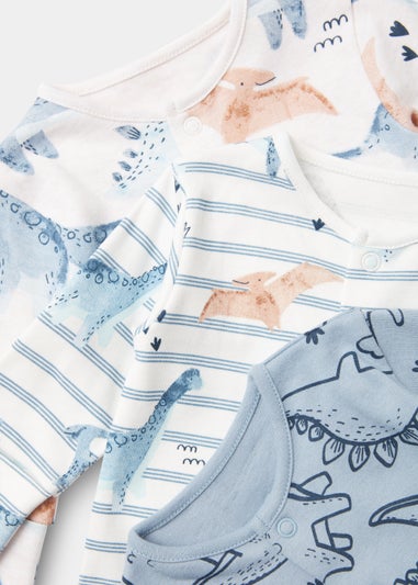 Baby 3 Pack Oatmeal & Blue Dinosaur Sleepsuits (Tiny Baby-18mths)