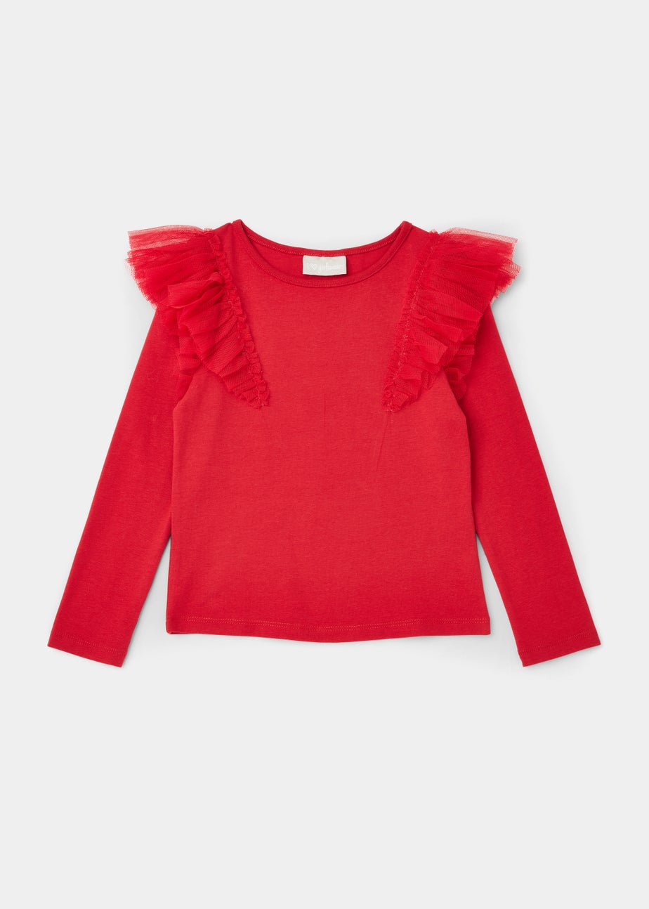 Girls Red Organza Frill Long Sleeve Top (4-13yrs)