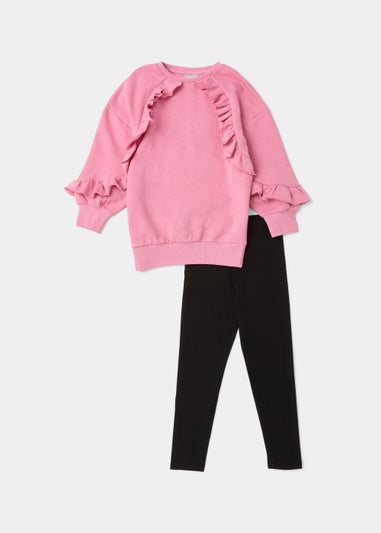 Girls Pink Frill Sweatshirt & Black Leggings Set (4-13yrs)