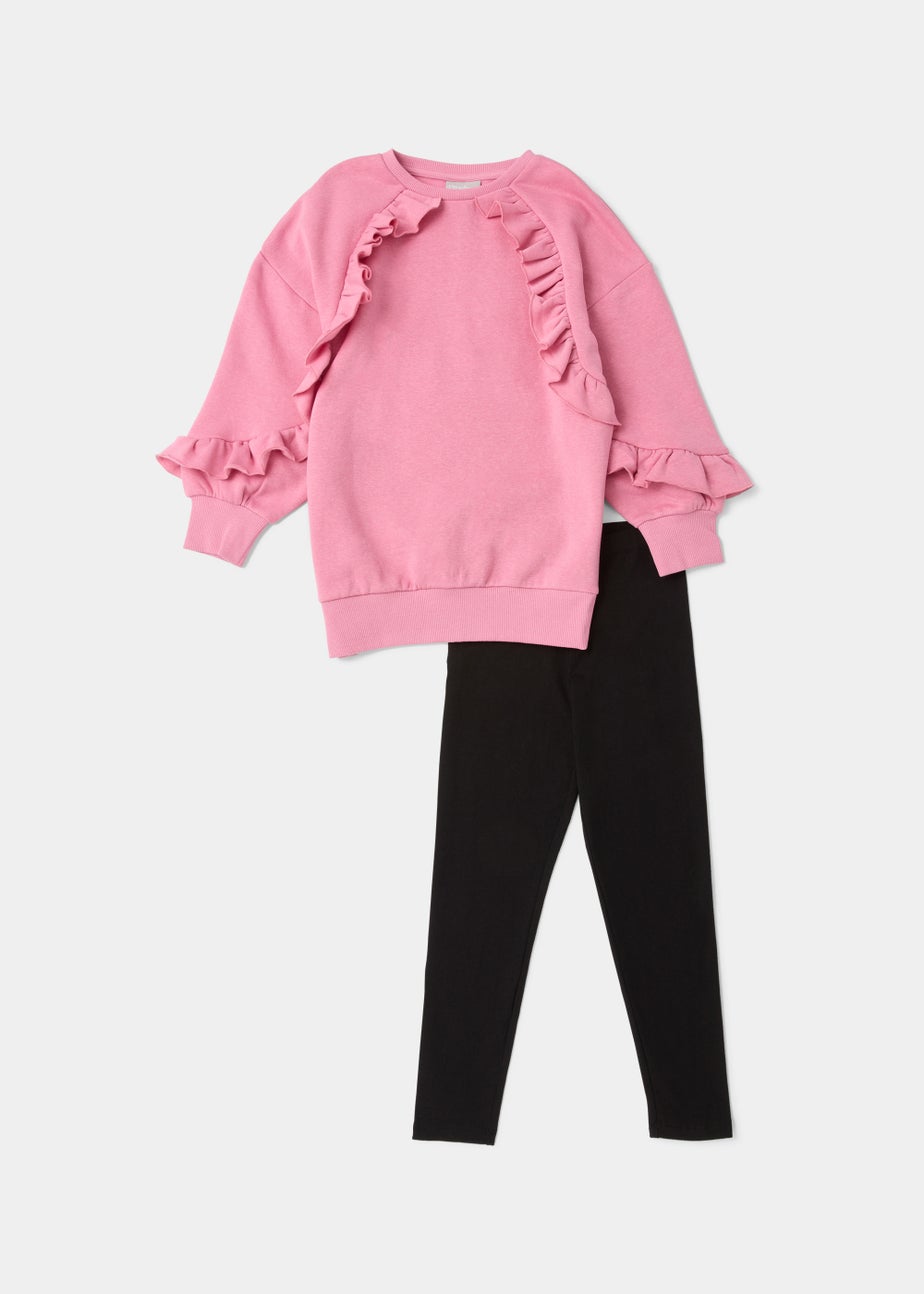 Girls Pink Frill Sweatshirt & Black Leggings Set (4-13yrs)