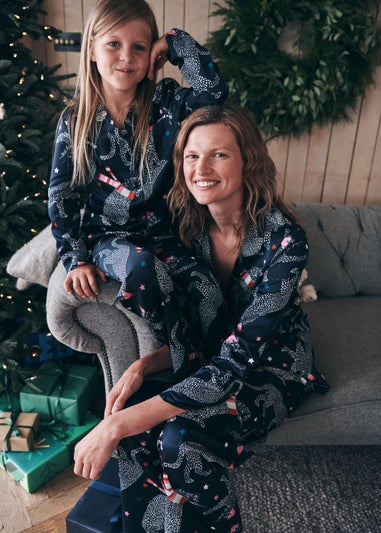 Kids Navy Oversized Leopard Satin Pyjama Set (4-13yrs)