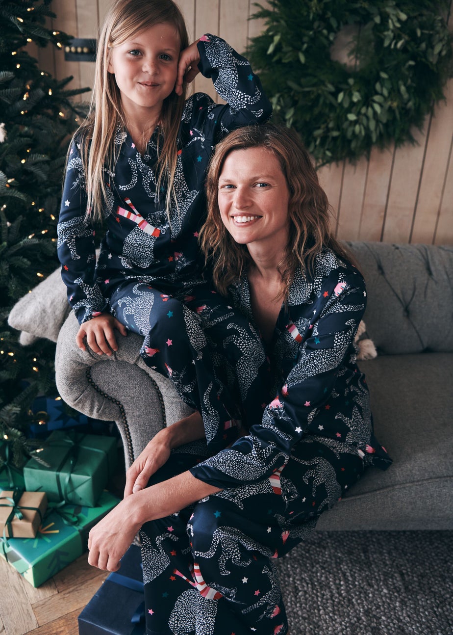 Kids Navy Oversized Leopard Satin Pyjama Set (4-13yrs)