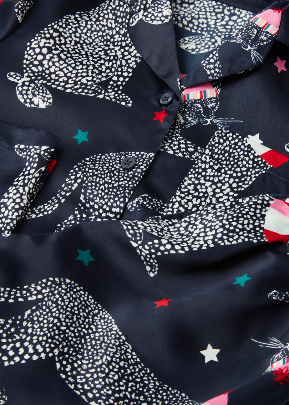 Kids Navy Oversized Leopard Satin Pyjama Set (4-13yrs)