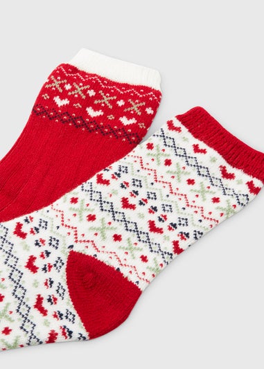 2 Pack Red Fairisle Print Thermal Socks