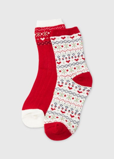 2 Pack Red Fairisle Print Thermal Socks
